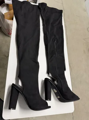 Bamboo Black Faux Suede Over The Knee Open Toe Cutout Block Heel‎ Boots Size 8 thumbnail 1