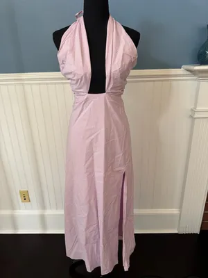 NWT Self Contrast Pink Halter Neck Backless Maxi Dress w/ Side Slit ~ Size Large thumbnail 2