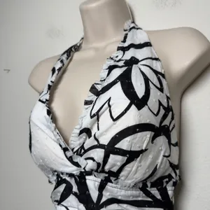 VTG y2k BCX Women Halter Neck Babydoll Top Large White Cotton Black Floral Party thumbnail 2