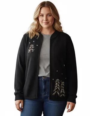 Vintage Christmas Sweater Cardigan Zip Trees 1X Embroidered Black Green thumbnail 1