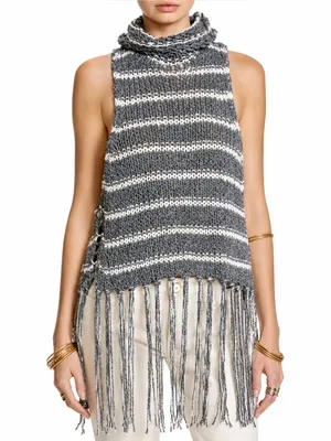 Free People Folksong Fringe Knit Vest Tunic Gray Stripe Boho Cowl Neck M thumbnail 1