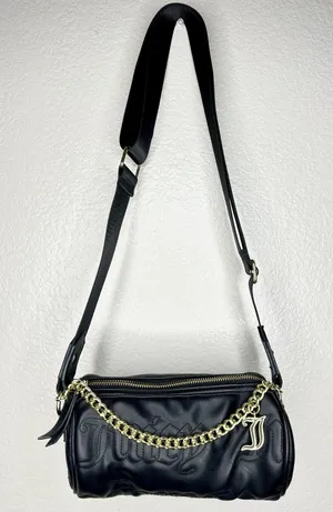 Juicy Couture Crossbody Bag Womens Small Black Faux Leather Chain Logo Barrel thumbnail 1