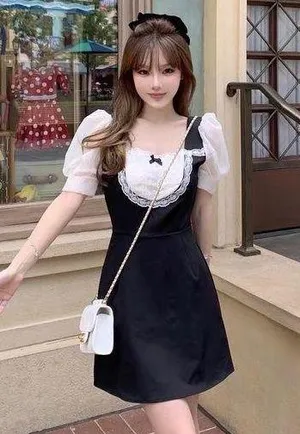 Japanese Kawaii Gyaru Black White Lace Ribbon Mini Dress thumbnail 1