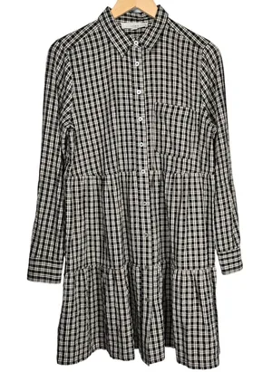 LOFT Womens Black Cream Plaid Tiered Shirt Dress Size M‎ Long Sleeve Gingham thumbnail 1