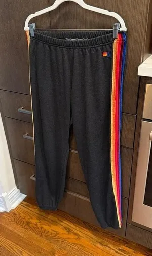 Aviator Nation Favorite 5 Stripe Sweatpants in charcoal black rainbow velvet XL thumbnail 1