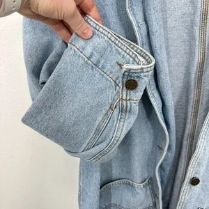 Vintage 90s Women's Size XL‎ Denim Trench Chore Coat Light Wash Contrast Collar thumbnail 5