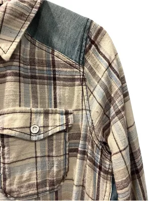 Free People Road Trip Getaway Plaid Flannel Denim Button Up Shirt Size Medium thumbnail 4