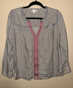 J.Crew Striped Embroidered Split Neck Blouse Navy White Red Womens 10 Nautical thumbnail 1