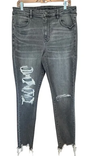 American Eagle Skinny‎ Jeans 14 Black Distressed High Rise Frayed Jegging Punk thumbnail 1