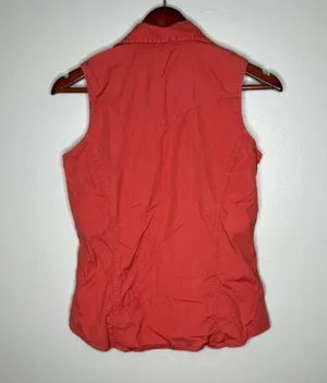 Carhartt Shirt Womens Red Poplin Snap Front Sleeveless Collared Blouse sz small thumbnail 3