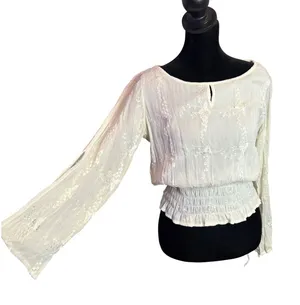 Women's Embroidered Smocked Top Size S Ethereal Fairycore Split Sleeve Sheer thumbnail 1