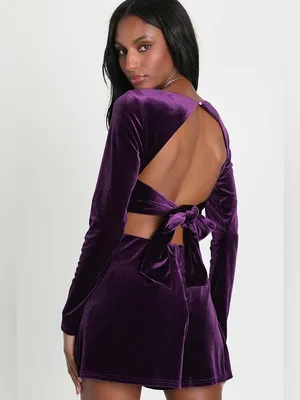 Lulu's Feeling Cheery Purple Velvet Long Sleeve Tie-Back Romper thumbnail 2