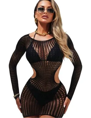 Women Black Thin Hollow Out Sheer Dress thumbnail 1