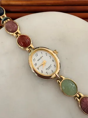 Gruen Women's Gold-Tone Bracelet Watch with Multicolor Cabochons Needs Battery thumbnail 5