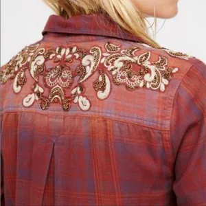 NWOT Free People Embroidered Plaid Tunic Shirt Boho Medium thumbnail 3