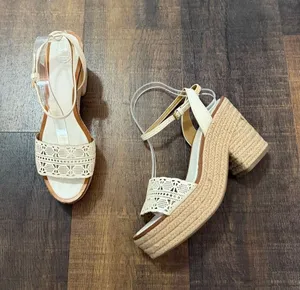 Tory Burch Espadrille Block Heel Sandals Ivory Leather Ankle Strap Size 9.5 thumbnail 1