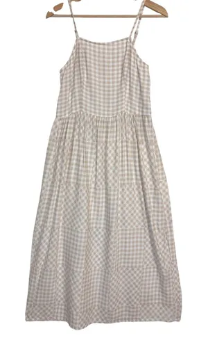 Gingham Midi Dress‎ Womens L Beige White Cotton Linen Blend Boho Cottage Summer thumbnail 1