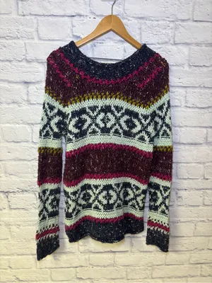 Free People Reed Fair Isle Print Chunk Knit Sweater Wool Linen Alpaca Medium thumbnail 14