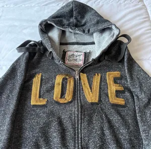 Women’s Charcoal Zip-Up Hoodie with Gold Sequin “LOVE” Graphic – Casual Glam Sweatshirt (S) thumbnail 4