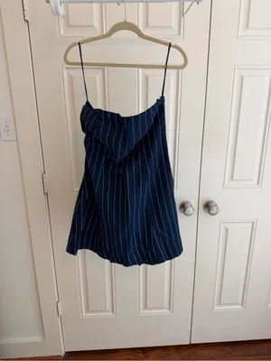 Navy Pinstripe Mini Dress | Denim Look Fit & Flare Dress thumbnail 4