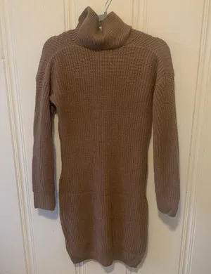 Brown Taupe Ribbed Knit Funnel Neck Sweater Dress thumbnail 2
