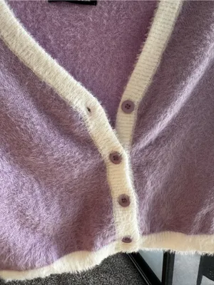 SHEIN Lavender Cropped Fuzzy Eyelash V-Neck Cardigan with Cream Trim thumbnail 3