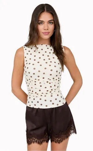 New Sleeveless Cream Polka Dot Ruched Top Size Large thumbnail 1