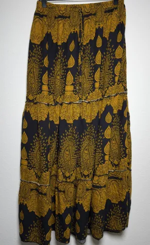 Women Witchy Boho Skirt Medium Black Yellow Paisley Tiered Maxi Artsy Whimsigoth thumbnail 1
