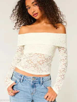 Hollister All Over Lace - Off the Shoulder Top - Cloud Dancer - Size M thumbnail 1