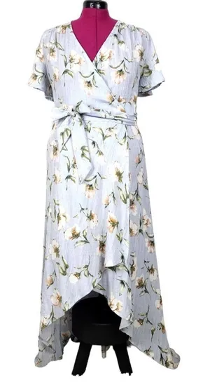 Prómesa Floral Wrap Dress Light Blue Cotton Spandex Size M thumbnail 1