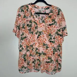 LOFT Peach Floral Blouse Crinkle Fabric Sz XL 100% Viscose thumbnail 5