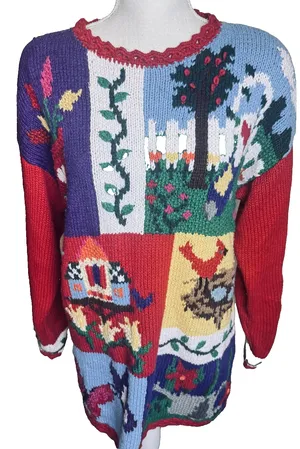 Karen Scott Hand Knit Sweater Spring Cardinal Bird Flowers Birdhouse sz M VTG thumbnail 1