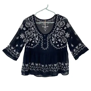 Free People Pennies Squel Navy Sheer Embroidered Top Size Small thumbnail 14