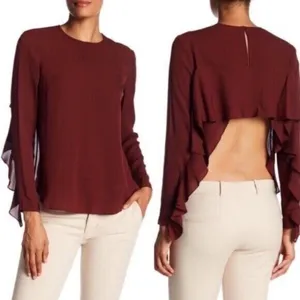 ALC Frank Size 4 Silk Blouse Open Back Ruffle Sleeve Burgundy Elegant Evening Top thumbnail 2