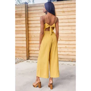 NWT Lulus Coastal Air Mustard Yellow Striped Tie-Back Culotte Jumpsuit Sz XL thumbnail 3