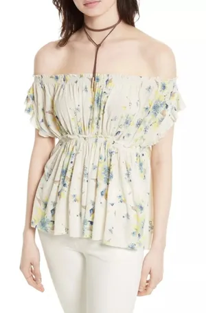 We The Free Sam Off Shoulder Floral Top size Large Ivory Yellow thumbnail 1