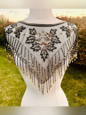 Fina Moda Vintage Beaded Black Mesh Caplet Collar Scarf with Fringe & Sequins thumbnail 9