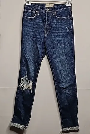 Free People we the free RARE button fly raw hem blue skinny high rise jeans 27 thumbnail 1