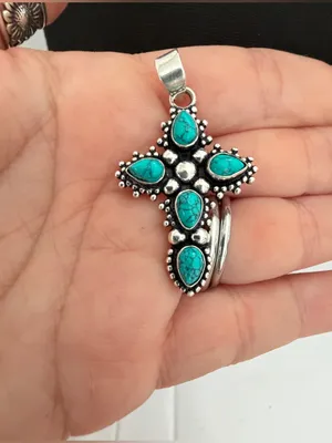 925 Sterling Silver Turquoise Cross Necklace Womens Jewelry Boho Western thumbnail 5