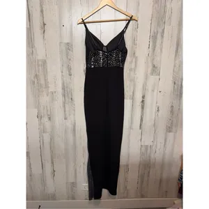 Black Rhinestone Mesh Evening Gown – Slit Maxi Dress, Size M thumbnail 6