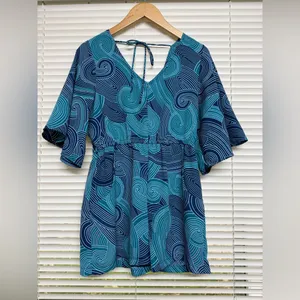 Manuhealii Manuheali’i Teal Blue Swirly‎ Hawaiian Romper Luau Graduation Retro thumbnail 2