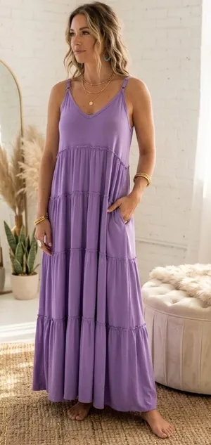 Zenana Purple Tiered Boho Maxi Dress with Pockets Small thumbnail 1