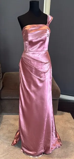 Women’s Pink One Shoulder Satin Dress Mermaid Fit Leg Slit Corset Size 8 *READ thumbnail 1