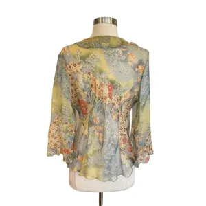 Y2K Silk Floral Ruffle Blouse Fairycore Sheer Top thumbnail 7