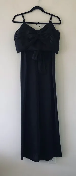Express Satin High Rise Wide Leg Pant Ruffle Crop Tank Set, NWT, Medium, Black thumbnail 1