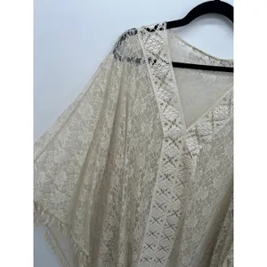 Cream Floral Lace Kimono Cover Up V-Neck Crochet‎ Tassel Fringe Plus Size Boho thumbnail 5