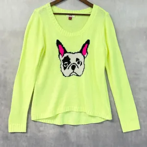 LEI Neon Yellow Sweater XL French Bulldog Dog Graphic Knit Dopamine Kitsch Twee thumbnail 13
