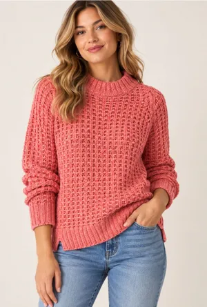 Anthropologie Field Flower Waffle Stitch Coral Pink Sweater thumbnail 1