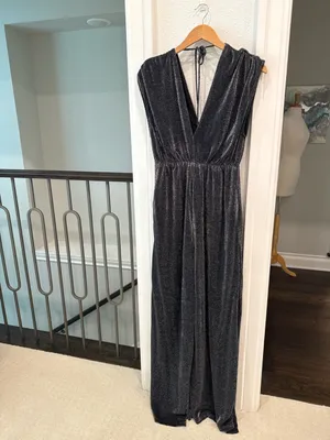 Buy Together Metallic Shimmer Wide Leg Jumpsuit Black Silver Evening thumbnail 2
