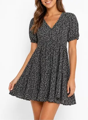 Universal Threads Black Floral V-Neck Tiered Mini Dress Short Puff Sleeve Large thumbnail 1